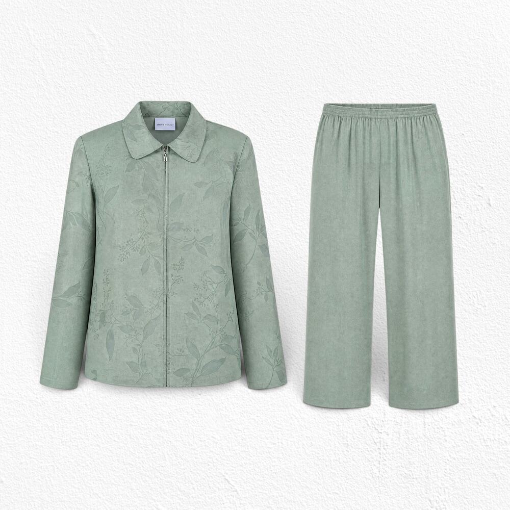 Vintage Alfred Dunner Sage Green Faux Suede Floral Jacket Pant Set Size 14